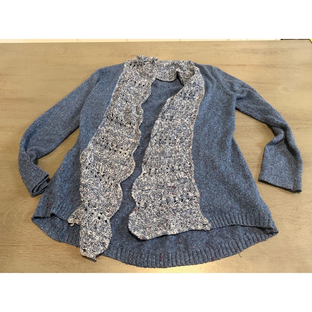 Persaya Blue Marl Open Front Cardigan Crochet Ruffle Trim Knit Sweater Small